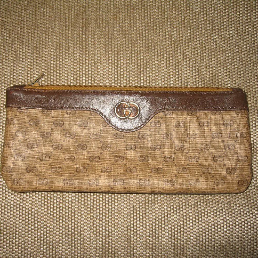 ❤️ Authen GUCCI Micro G Logo Print Tan Canvas Leather Coated Coin Wallet Clutch